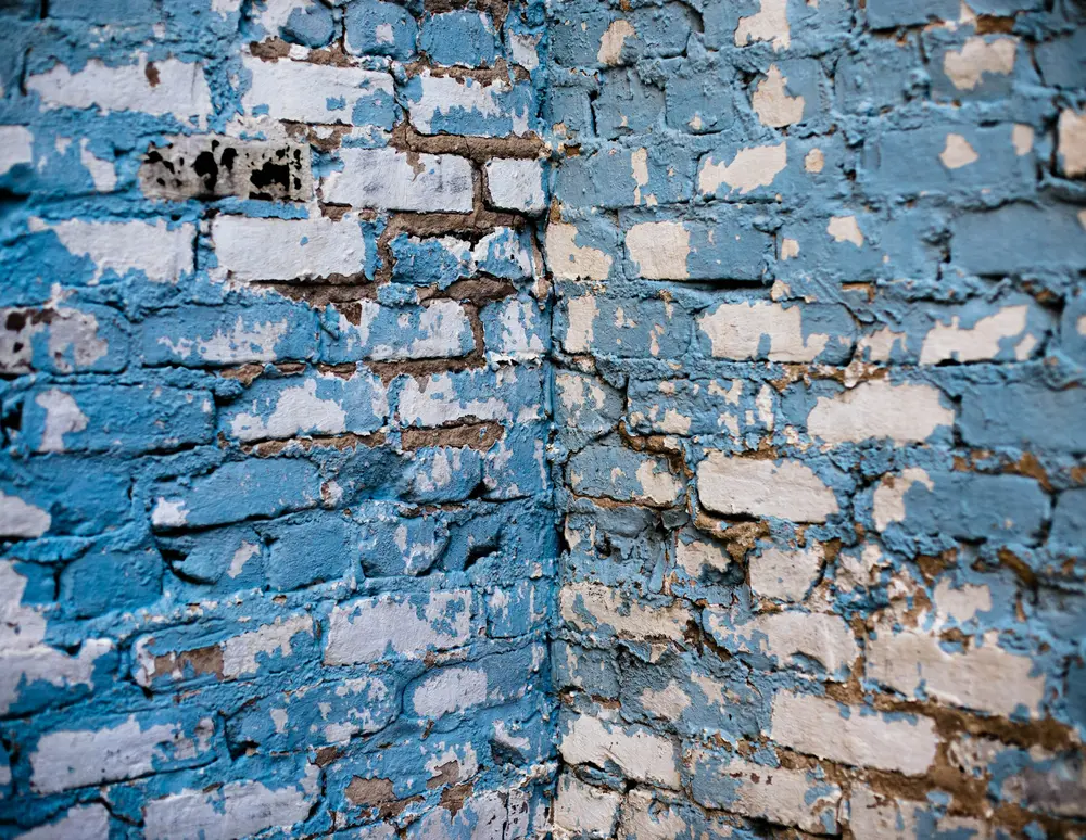 Concrete block basement wall with paint blistering and peeling from years of damp