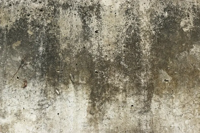 Grey concrete wall surface with dark water staining and mineral deposits