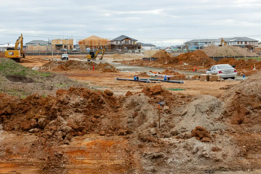 New drainage pipes laid in open ground on a housing development under construction