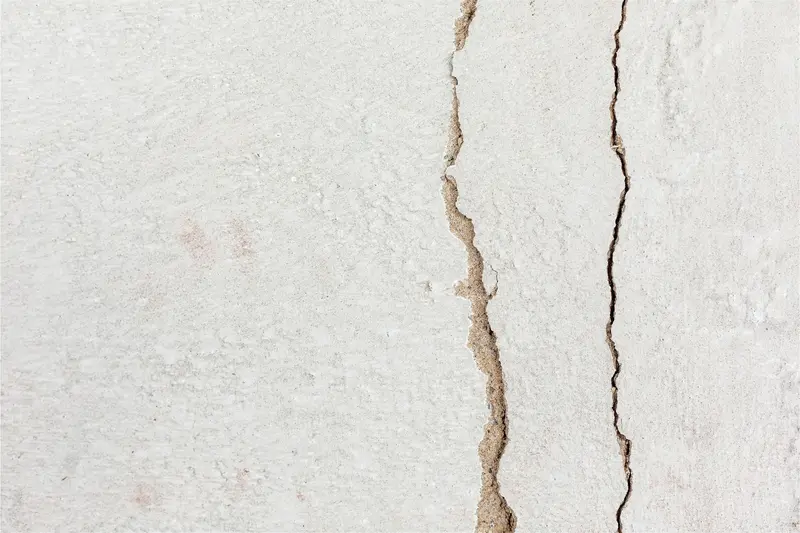 Vertical crack in a plastered wall with brown water staining along it
